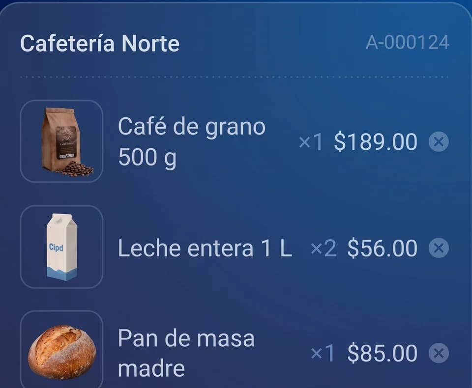Ticket de Cafetería Norte, folio A-000124: café de grano 500 g ×1 $189.00, leche entera 1 L ×2 $56.00 y pan de masa madre ×1 $85.00.